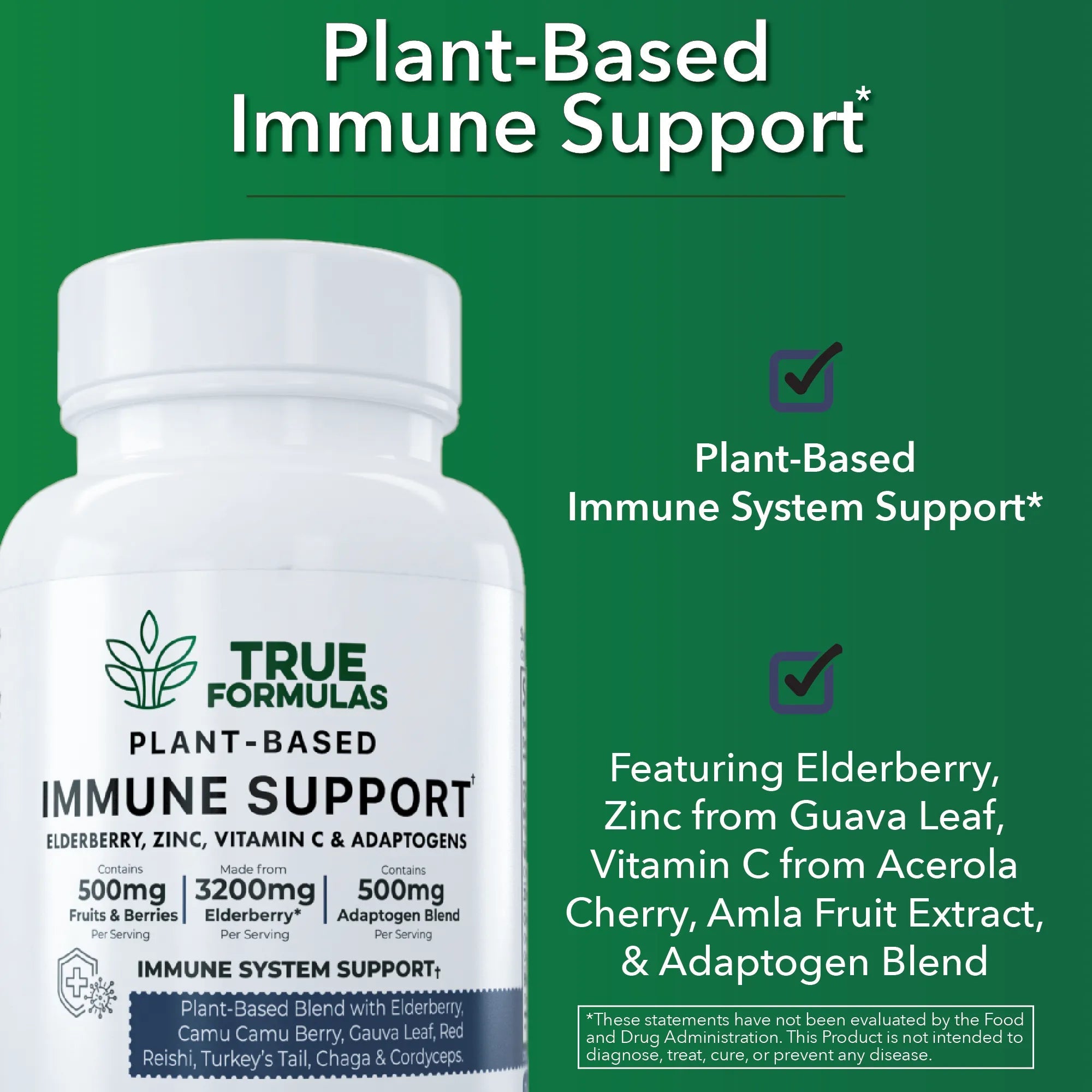 Plant - Based Immunity Vitamin C, Elderberry, Zinc & Adaptogens Capsules - True Formulas