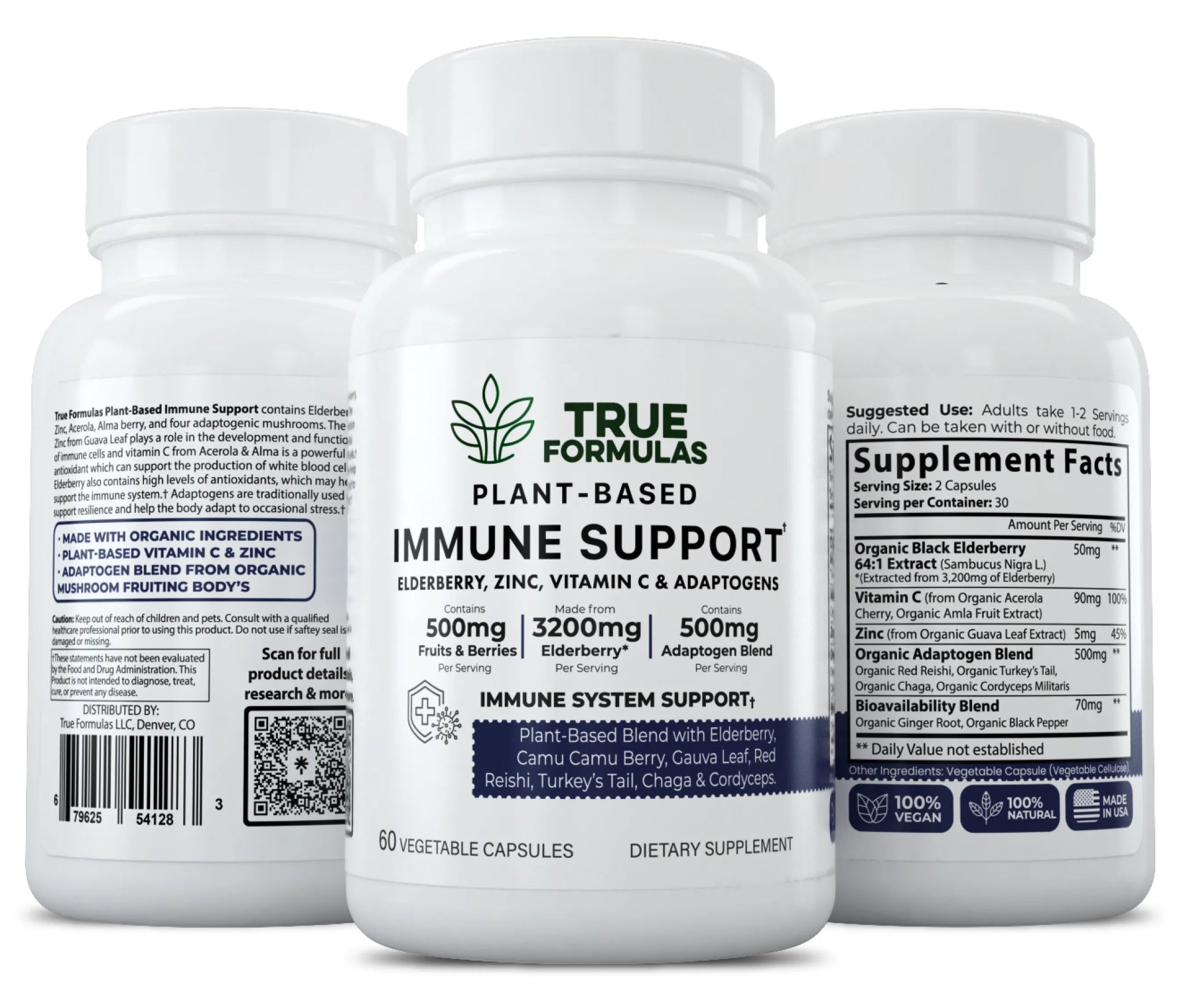 Plant - Based Immunity Vitamin C, Elderberry, Zinc & Adaptogens Capsules - True Formulas